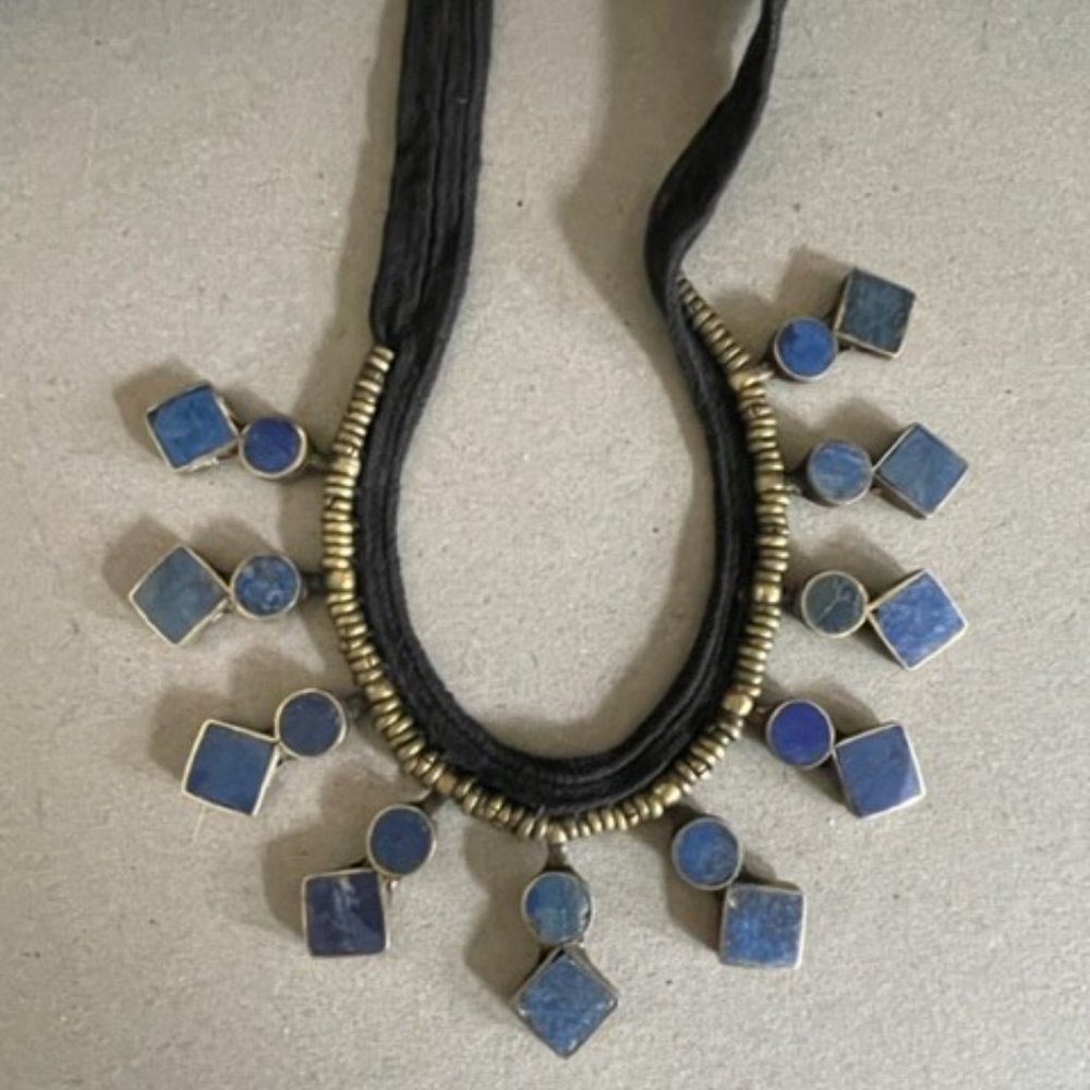 Lapis & Nickel Silver Heishi Bead Interesting Collar Necklace w/ a lapis Button